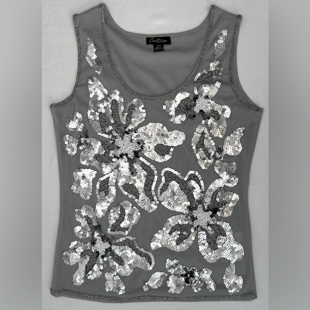 Anthropologie’s Cartise Silver Beaded & Sequin Floral Design Blouse, Size Medium